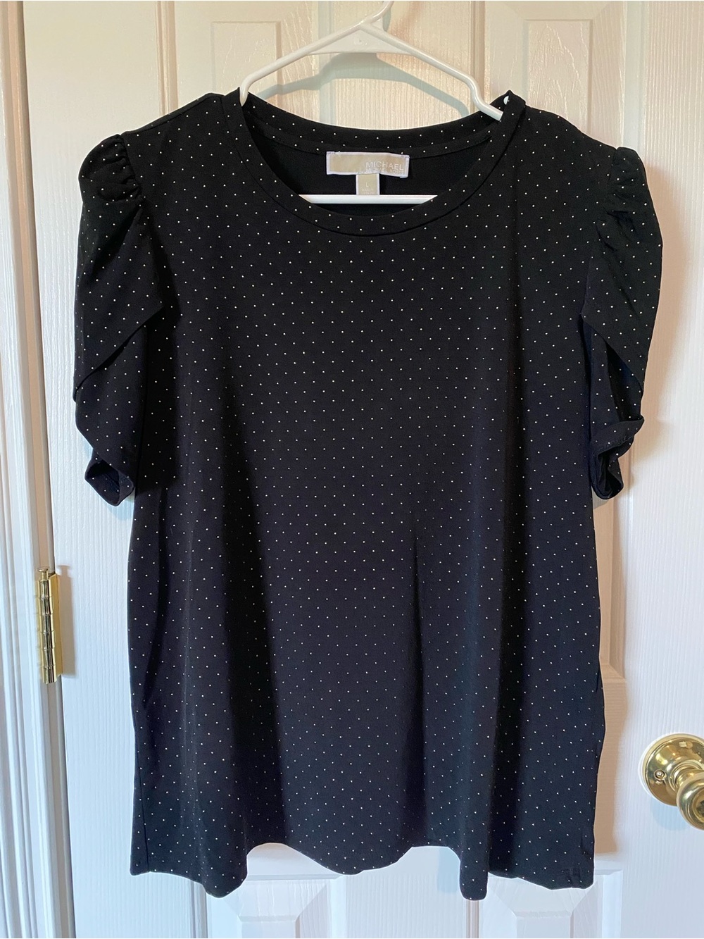 Michael Kors Women's Black Puff Sleeve Gold Metallic Dot Top Size Large